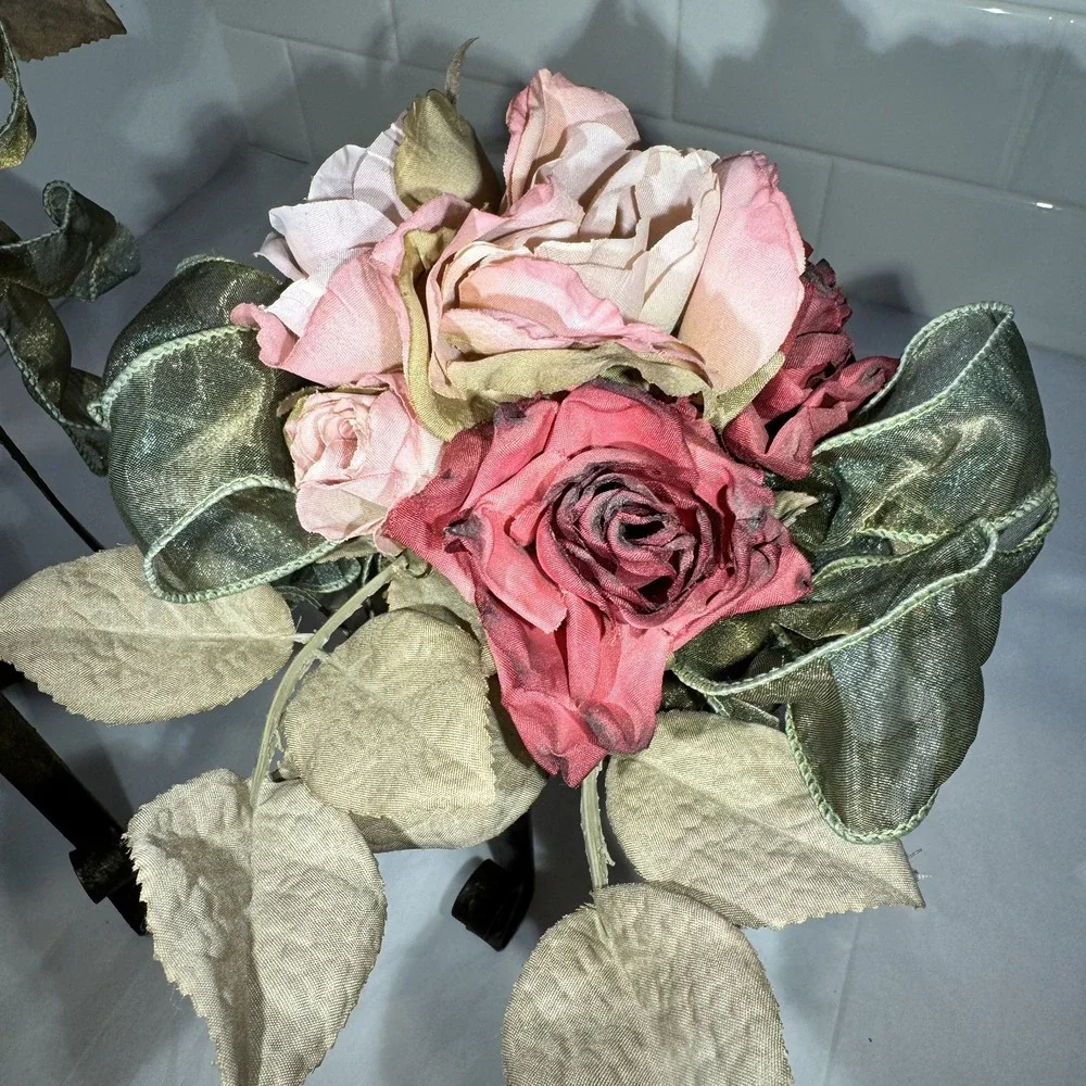 Artificial Pink/Dusty Rose/moss Flower FAUX Bouquet w Iron Legs Green Ribbon‎
